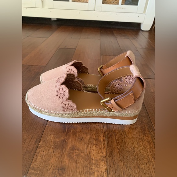 NEW See By Chloe Glyn Espadrille Ankle Sandals Suede Shoes Sz 37 Cipria blush - Picture 4 of 7